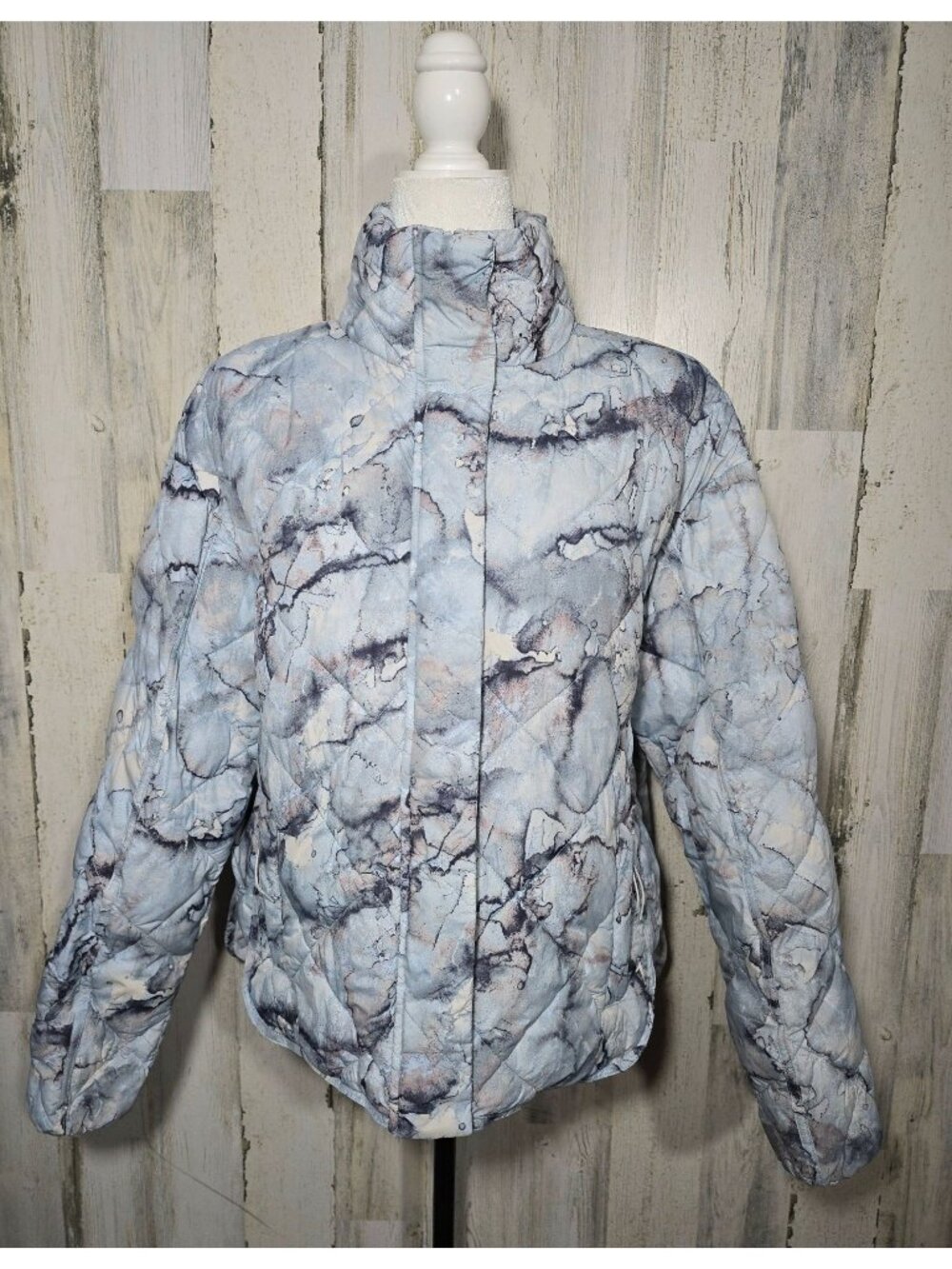 FLX Quilted Packable Puffer Jacket Blue Gray Marble Pockets Zip Size Medium R